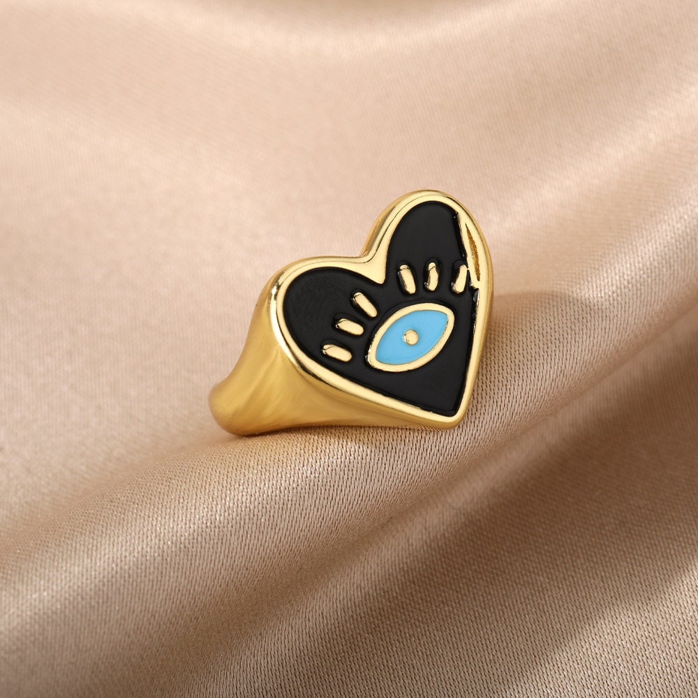 Evil Eye Heart Ring, 18K Gold Evil Eye Ring, Evil Eye Charm, Evil Eye Fashion Ring for Women, Gift for Her