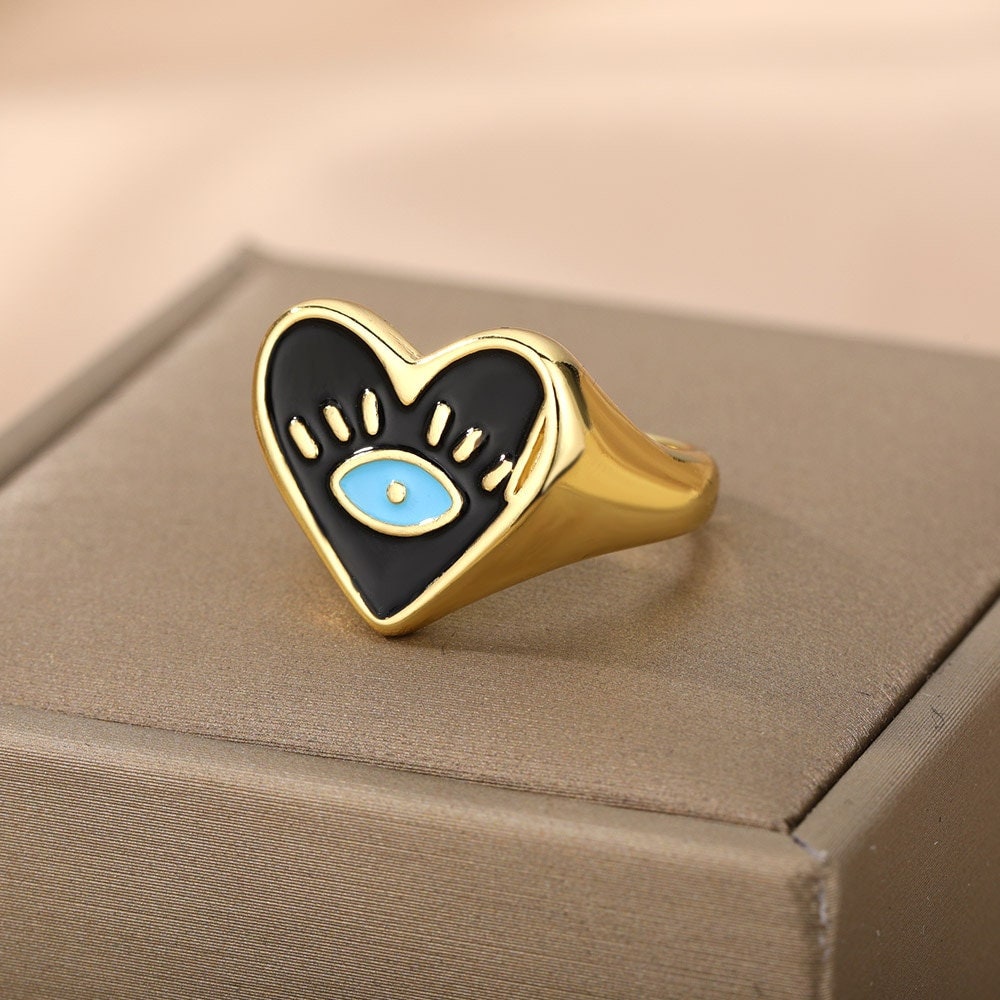 Evil Eye Heart Ring, 18K Gold Evil Eye Ring, Evil Eye Charm, Evil Eye Fashion Ring for Women, Gift for Her