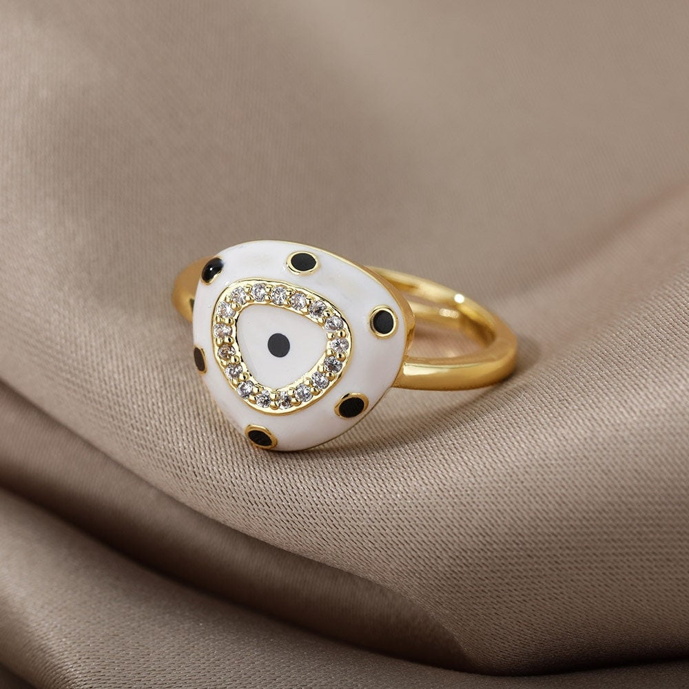 Punk Dots Ring, 18K Gold Dots Ring, White Charm Ring, Punk Evil Eye Ring, Punk Fashion Ring for Women, Gift for Her