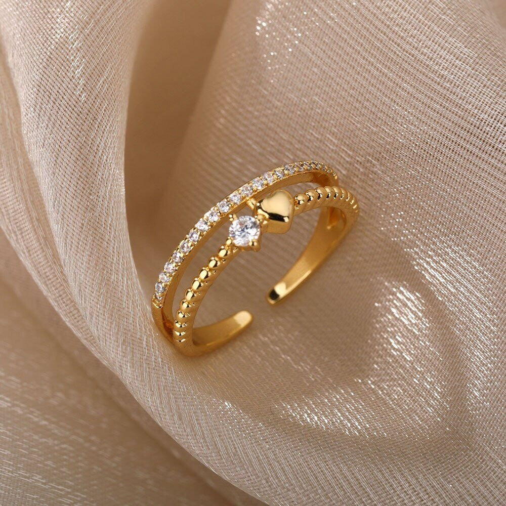 18K Gold Heart Ring, Double Heart Ring, Dainty Heart Ring, Heart Wrap Ring, Heart Fashion Ring for Women, Gift for Her