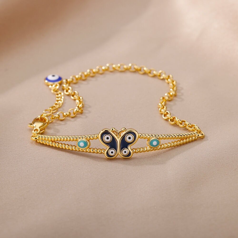 Evil Eye Bracelet, Butterfly Evil Eye, Gothic Evil Eye, 18K Gold Evil Eye Bracelet for Women, Gift for Her