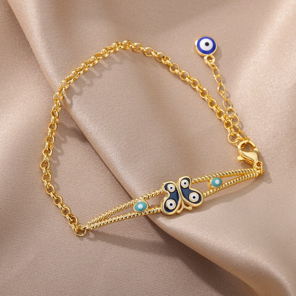 Evil Eye Bracelet, Butterfly Evil Eye, Gothic Evil Eye, 18K Gold Evil Eye Bracelet for Women, Gift for Her