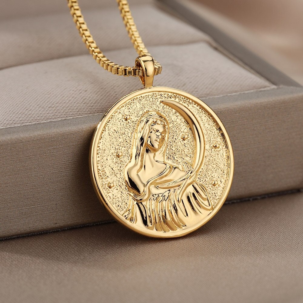18K Gold Plated Selene Goddess Pendant, Greek Mythology Goddess, Gothic Dainty