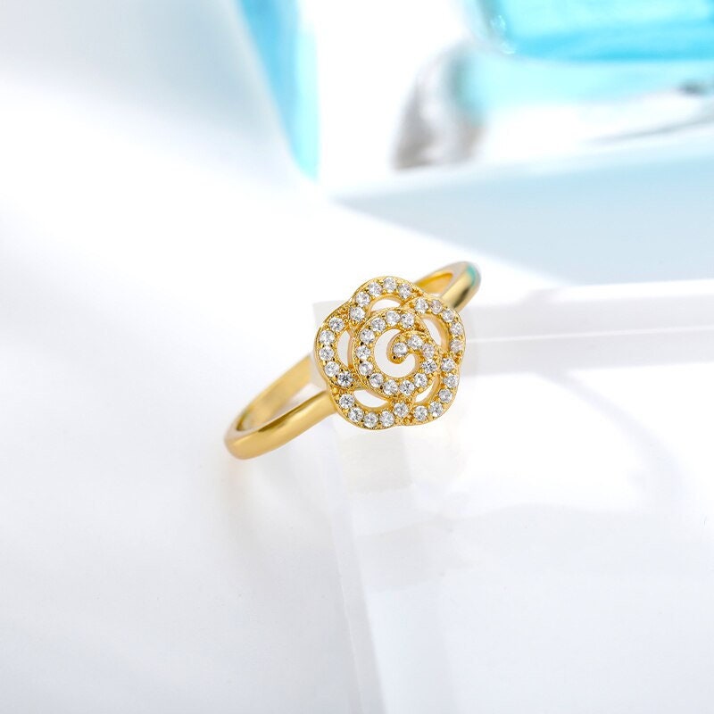 Punk Rose Ring, 18K Gold Rose Ring, Gold Flower Ring, Crystal Rose Ring, Punk Rose Fashion Ring for Women, Gift for Her