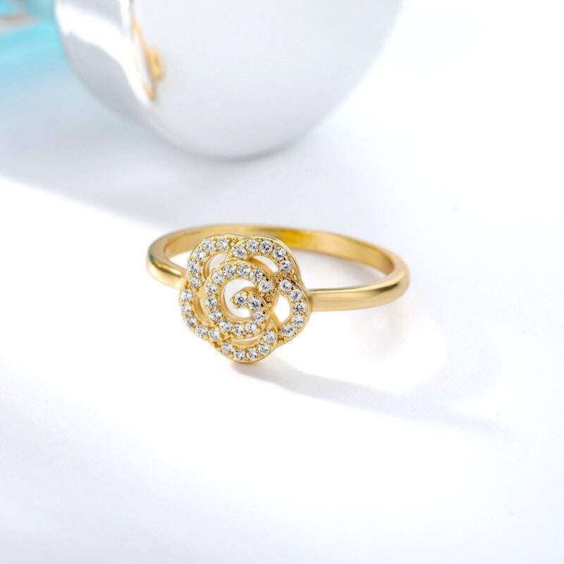 Punk Rose Ring, 18K Gold Rose Ring, Gold Flower Ring, Crystal Rose Ring, Punk Rose Fashion Ring for Women, Gift for Her