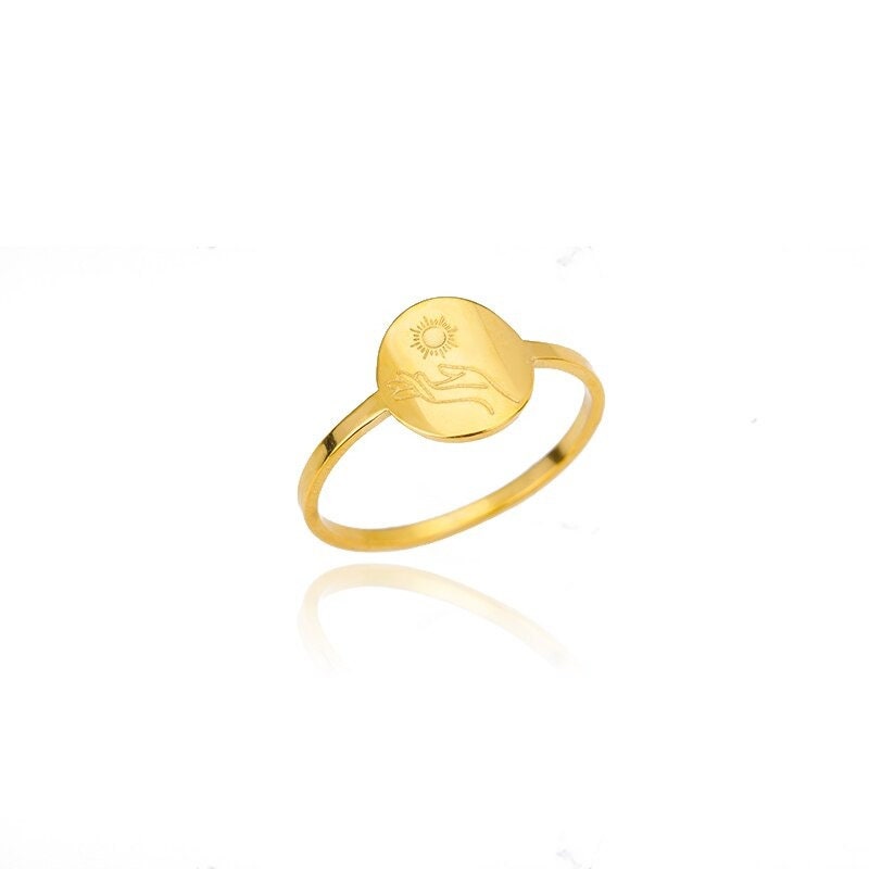Boho Engraved Sun Goddess, 18K Gold Yogi Stackable Ring, Dainty Minimalist Jewelry, Delicate Handmade for Women, Gift for Her