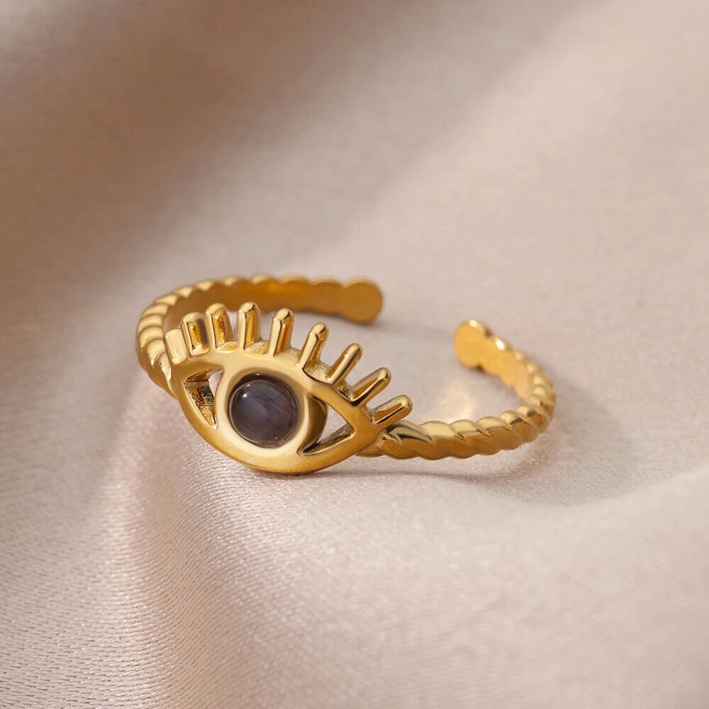 Evil Eye Ring, 18K Gold Evil Eye Ring, Evil Eye Black Ring, Evil Eye Open Ring, Gothic Fashion Ring for Women, Gift for Her