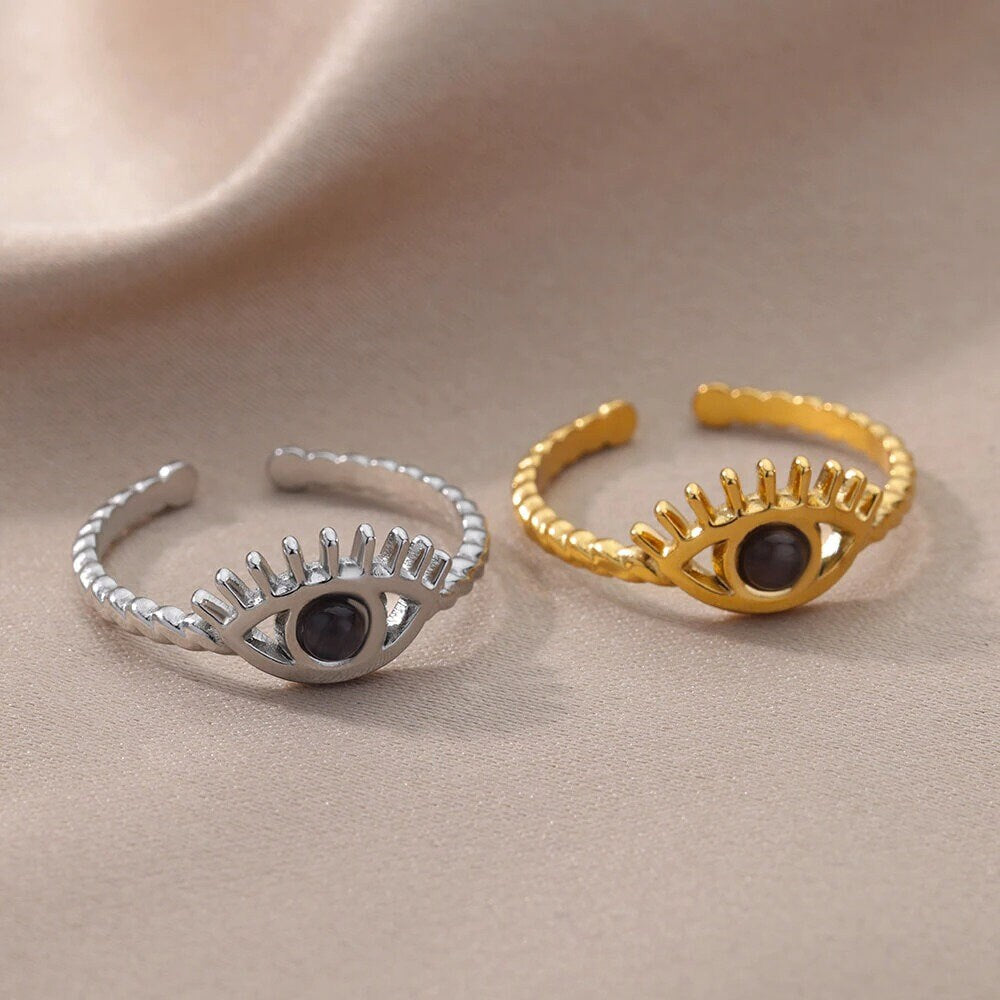 Evil Eye Ring, 18K Gold Evil Eye Ring, Evil Eye Black Ring, Evil Eye Open Ring, Gothic Fashion Ring for Women, Gift for Her