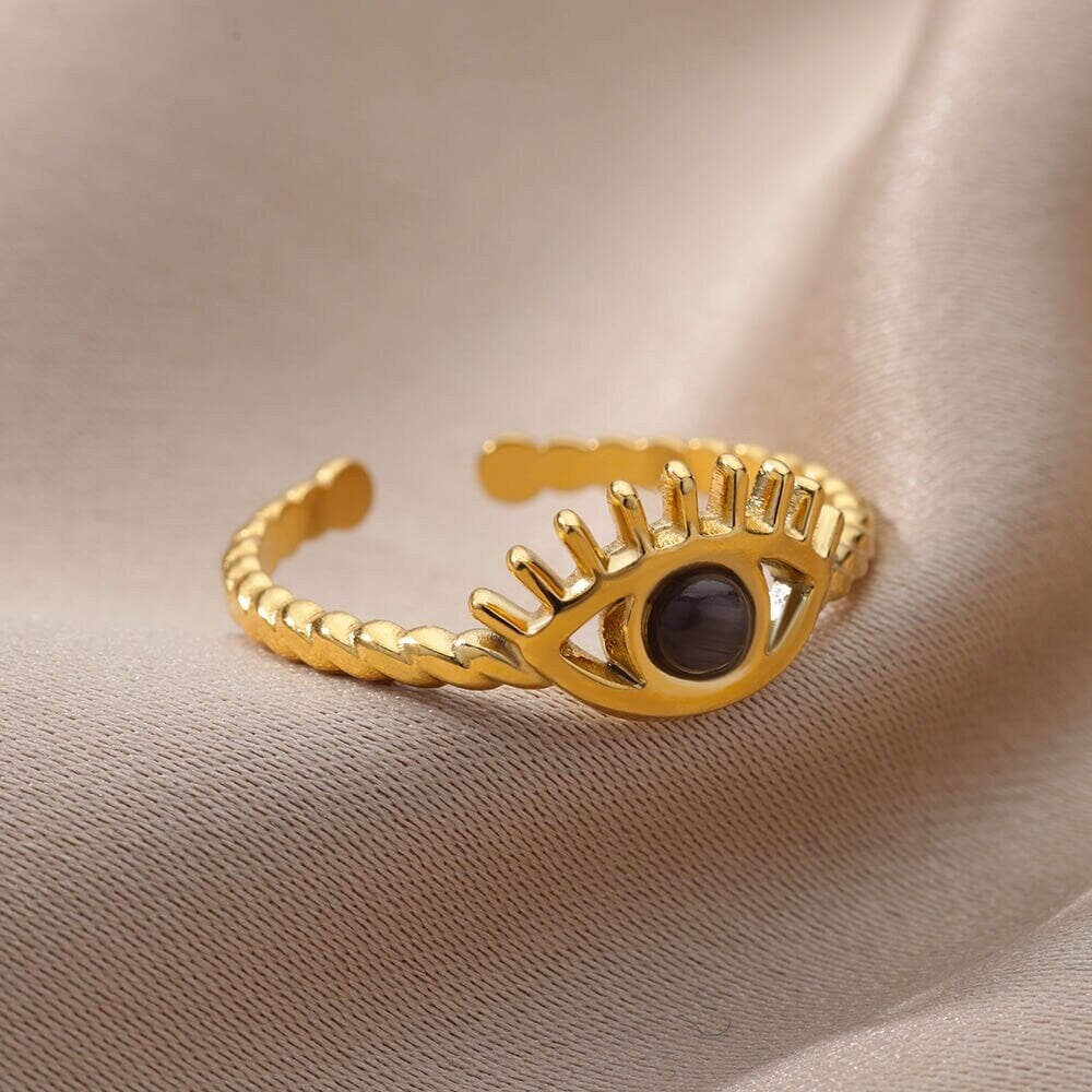 Evil Eye Ring, 18K Gold Evil Eye Ring, Evil Eye Black Ring, Evil Eye Open Ring, Gothic Fashion Ring for Women, Gift for Her