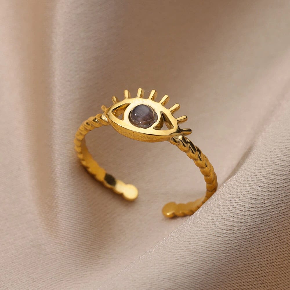 Evil Eye Ring, 18K Gold Evil Eye Ring, Evil Eye Black Ring, Evil Eye Open Ring, Gothic Fashion Ring for Women, Gift for Her