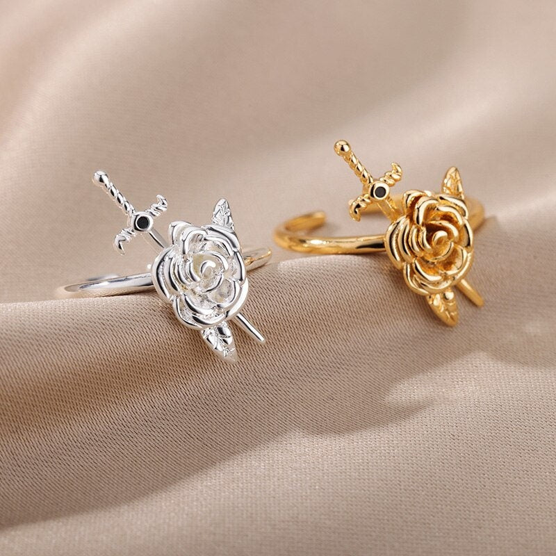 Punk Rose & Sword Ring, Gold Rose Ring, 18K Gold Plated, Dainty Gothic