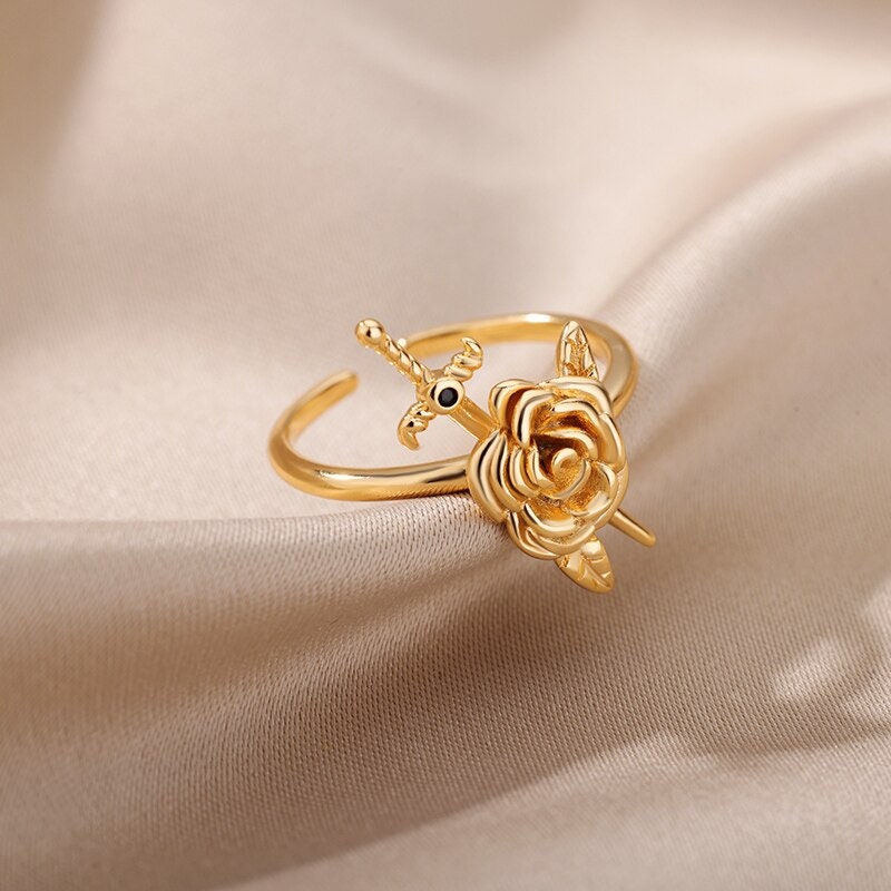 Punk Rose & Sword Ring, Gold Rose Ring, 18K Gold Plated, Dainty Gothic