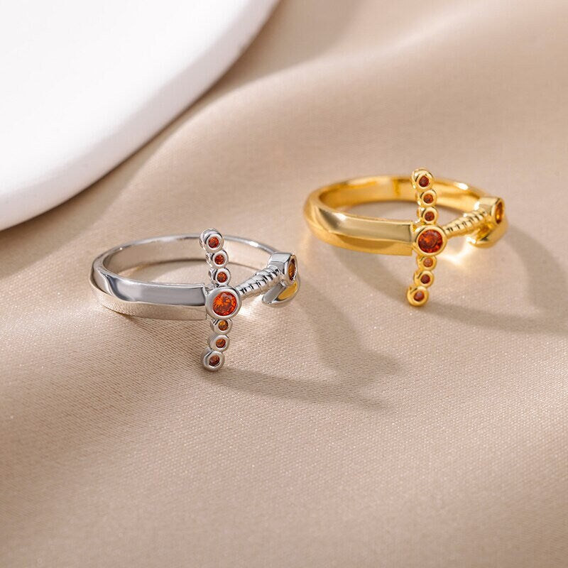 18K Gold Gothic Dagger Ring, Punk Sword Ring, Gold Punk Sword Ring