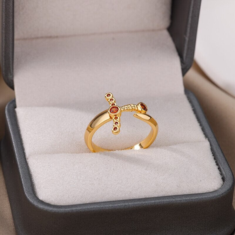 18K Gold Gothic Dagger Ring, Punk Sword Ring, Gold Punk Sword Ring