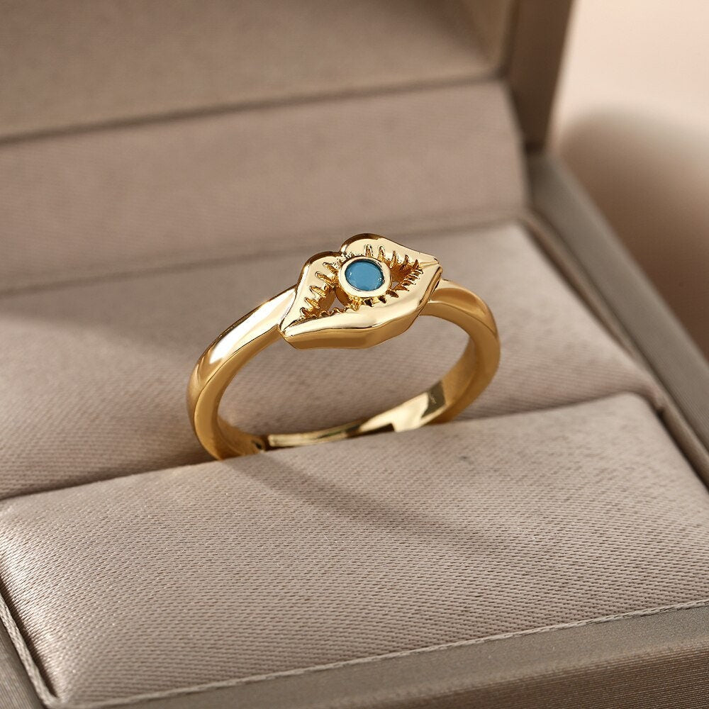 Punk Evil Eye Ring, 18K Gold Evil Eye Ring, Gold Lips Ring, Evil Eye Lips Ring, Punk Fashion Ring for Women, Gift for Her