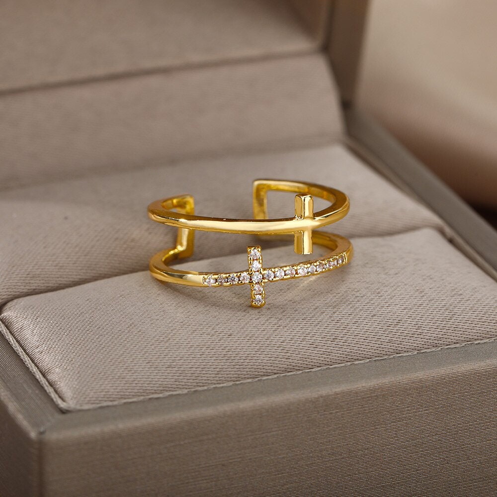 Catholic Cross Ring, 18K Gold Stackable, Christian Jesus Dainty Minimalist Jewelry, Religious Delicate Handmade for Women, Gift for Her
