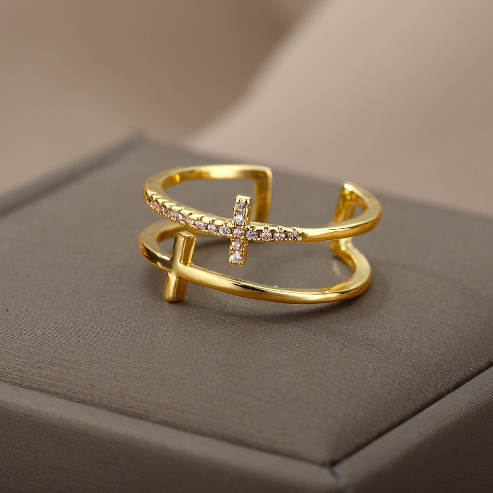 Catholic Cross Ring, 18K Gold Stackable, Christian Jesus Dainty Minimalist Jewelry, Religious Delicate Handmade for Women, Gift for Her