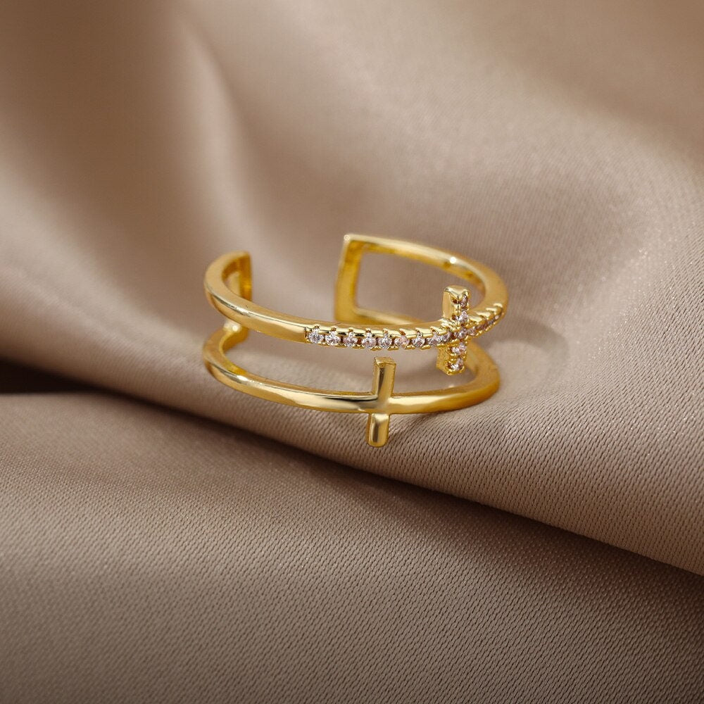 Catholic Cross Ring, 18K Gold Stackable, Christian Jesus Dainty Minimalist Jewelry, Religious Delicate Handmade for Women, Gift for Her
