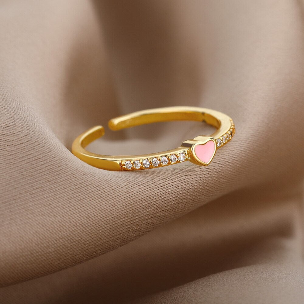 Dainty Heart Ring, Pink Heart Ring, 18K Gold Heart Ring, Cute Heart Fashion Ring for Women, Gift for Her
