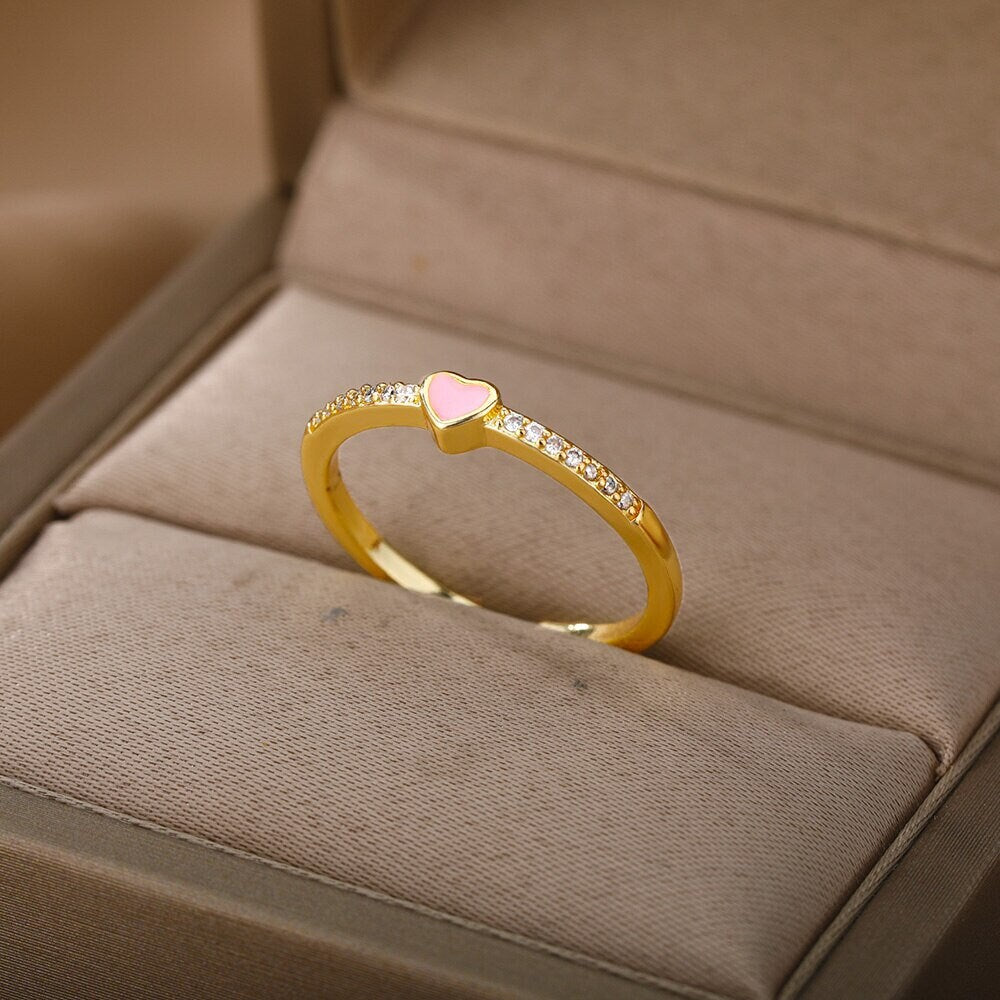 Dainty Heart Ring, Pink Heart Ring, 18K Gold Heart Ring, Cute Heart Fashion Ring for Women, Gift for Her