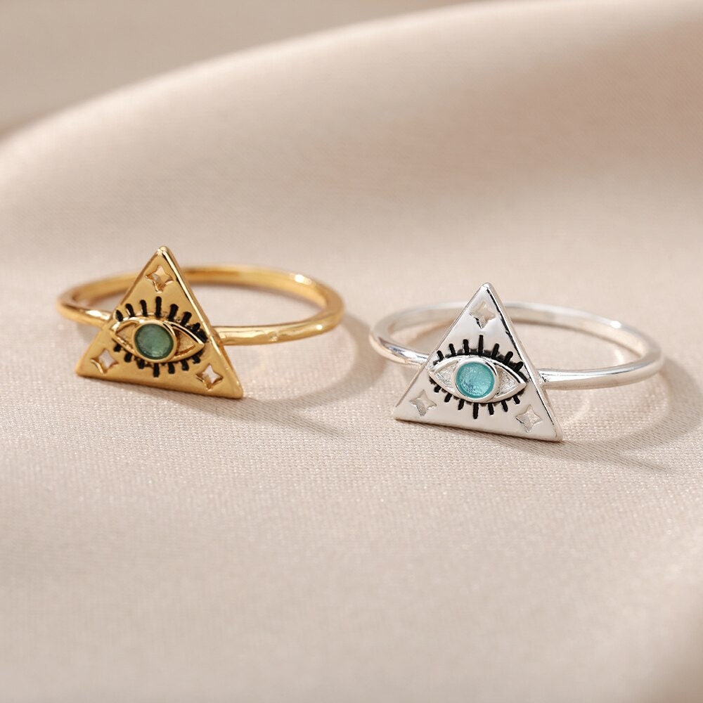 Gothic Evil Eye Ring, 18K Gold Evil Eye Ring, Evil Eye Triangle Ring, Triangle Fashion Ring for Women, Gift for Her