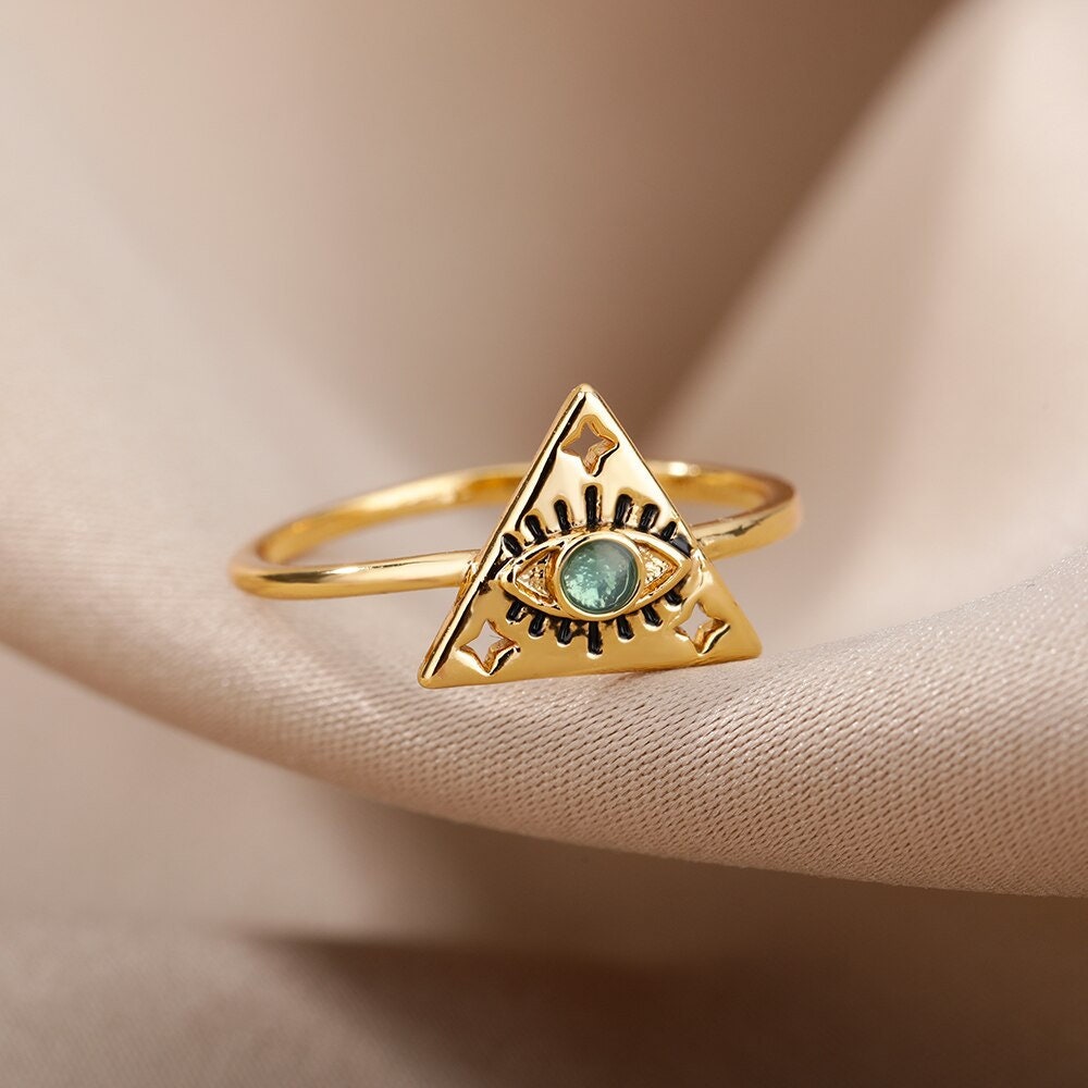 Gothic Evil Eye Ring, 18K Gold Evil Eye Ring, Evil Eye Triangle Ring, Triangle Fashion Ring for Women, Gift for Her