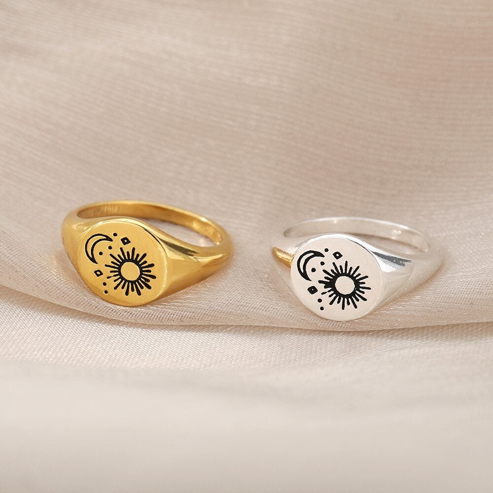 Dainty Sun Ring, Dainty Moon Ring, 18K Gold Sun Ring, Signet Sun Ring, Sun and Moon Fashion Ring for Women, Gift for Her