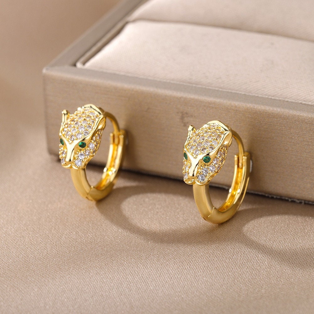 Punk Jaguar Hoops, Gold Leopard Head Hoop Earrings, Gothic Panther Earrings, 18K Gold Plated