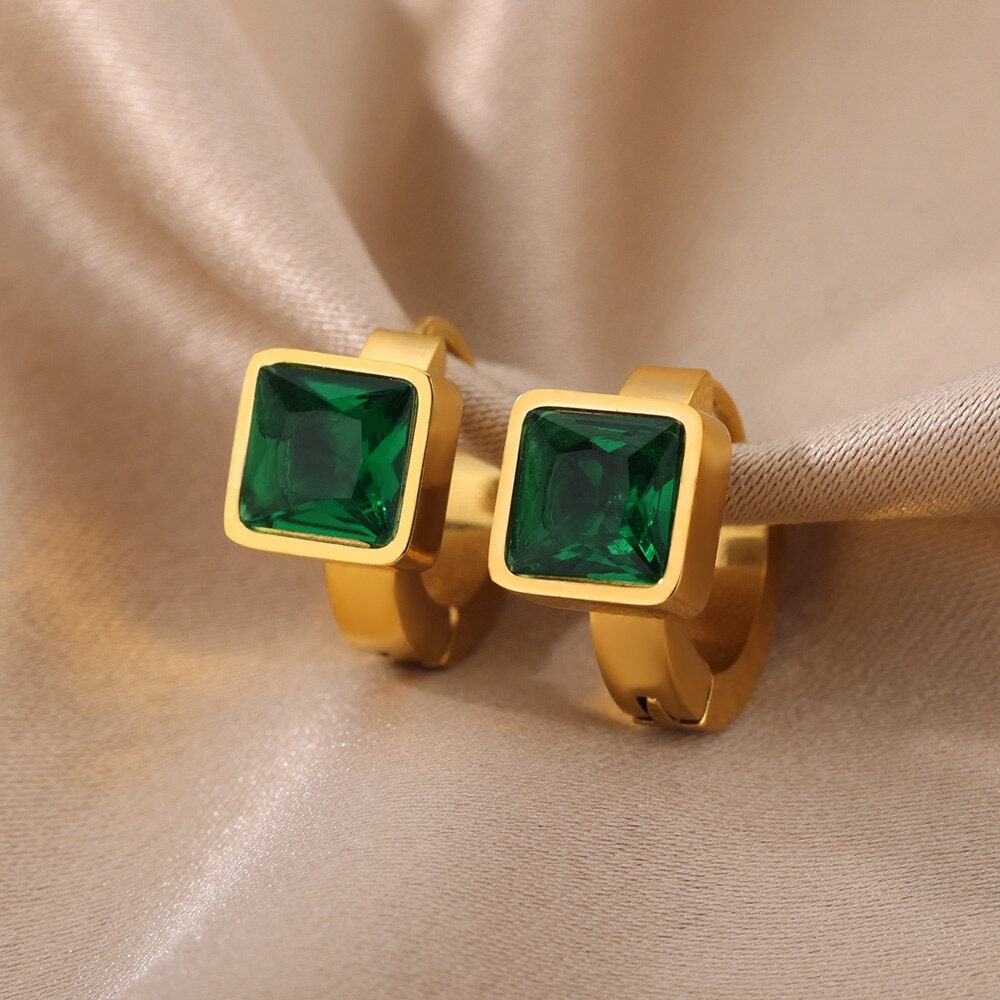 Square Crystal Stud Earrings, 18K Gold Square Stud Earrings, Fashion Earrings for Women, Gift for Her