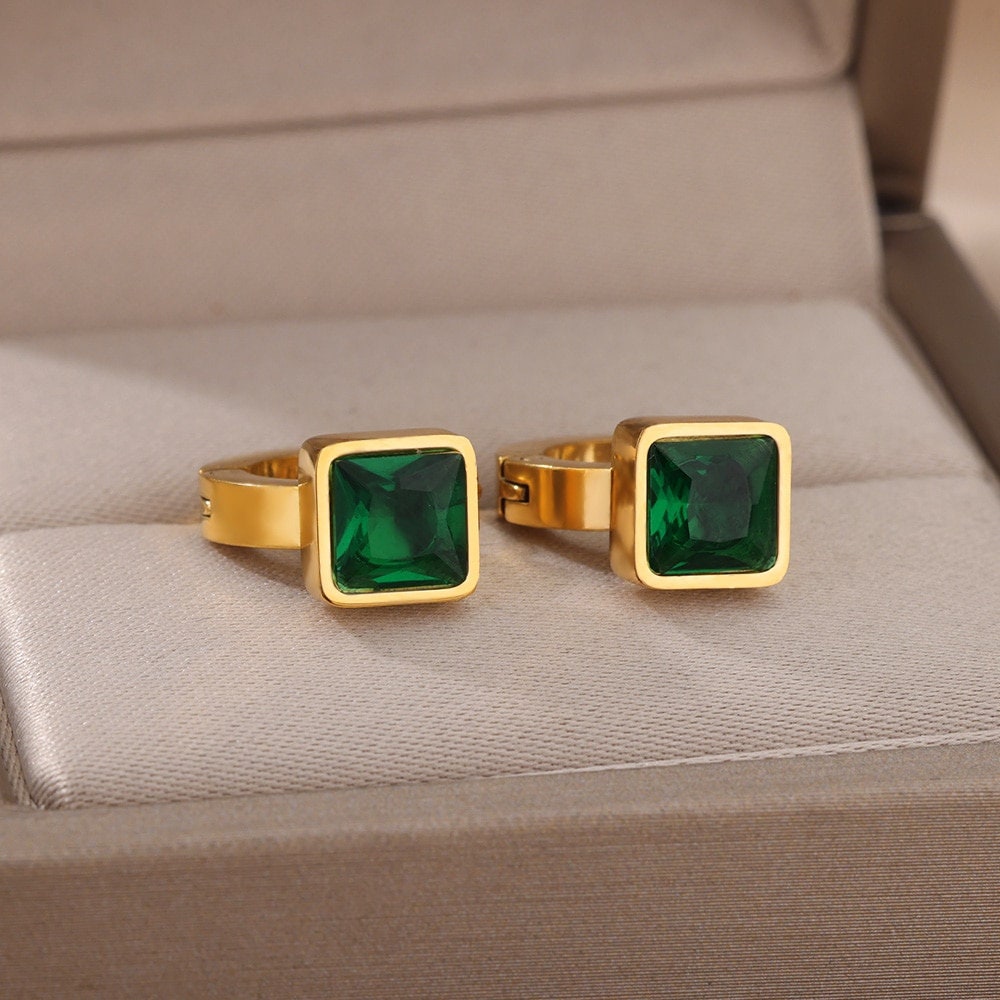 Square Crystal Stud Earrings, 18K Gold Square Stud Earrings, Fashion Earrings for Women, Gift for Her
