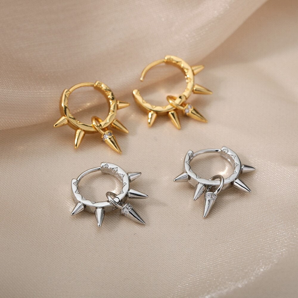 Punk Spiked Hoops, Gothic Spike Hoop Earrings for Women, 18K Gold Plated Dainty