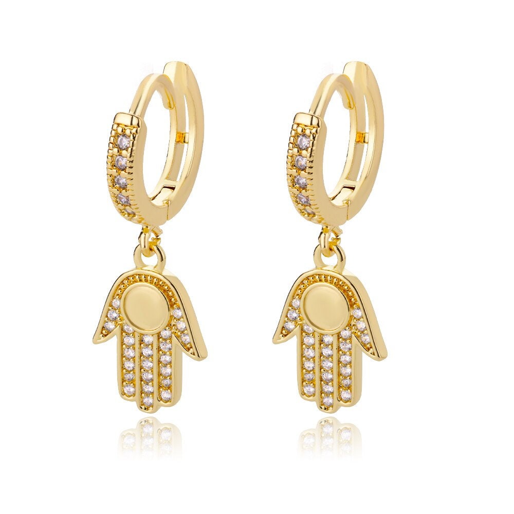 Hamsa Earrings, 18K Gold Hamsa Earrings, Fatima Earrings, Protection Earrings for Women, Gift for Her