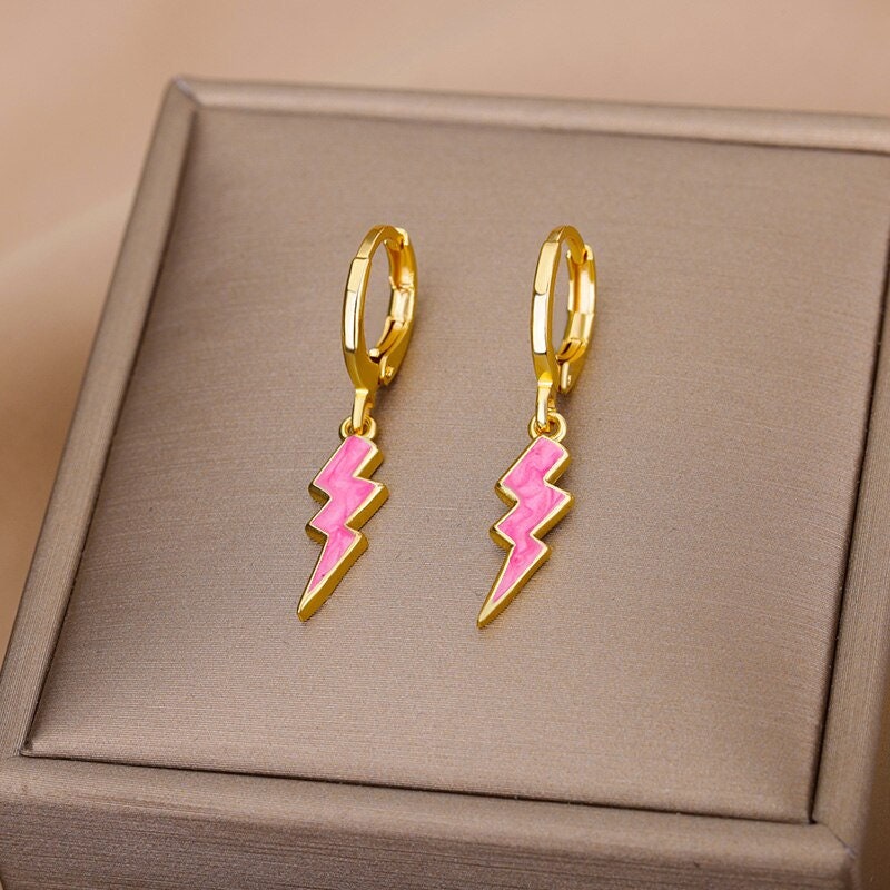 Thunder Bolt Earrings, 18K Gold Thunder Earrings, Enamel Thunder Earrings, Punk Fashion for Women, Gift for Her