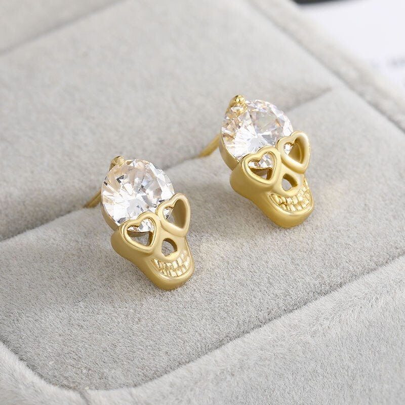 Punk Skull Earrings, Crystal Skull Stud Earrings, 18K Gold Skull Earrings for Women, Gift for Her