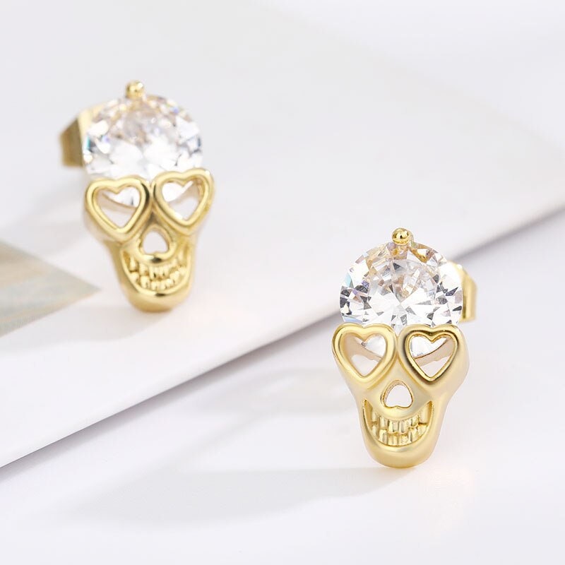 Punk Skull Earrings, Crystal Skull Stud Earrings, 18K Gold Skull Earrings for Women, Gift for Her