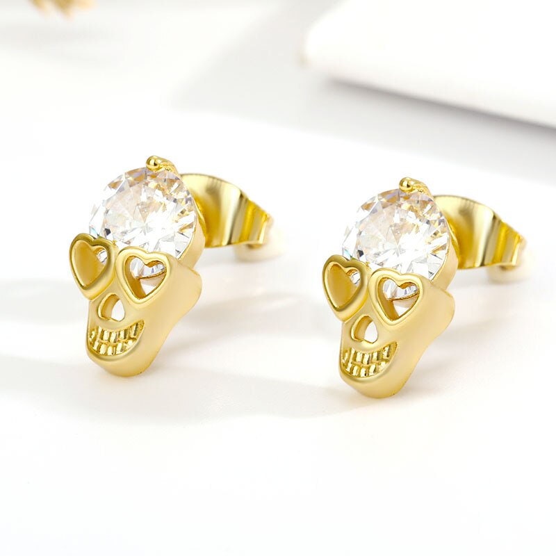 Punk Skull Earrings, Crystal Skull Stud Earrings, 18K Gold Skull Earrings for Women, Gift for Her