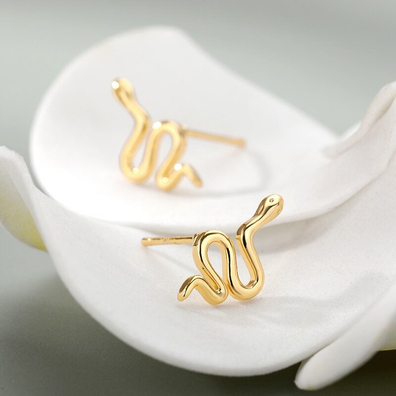 Gold Snake Studs, 18K Gold Everyday Earrings, Dainty Minimalist Jewelry, Punk Gothic Delicate Handmade  for Women, Gift for Her