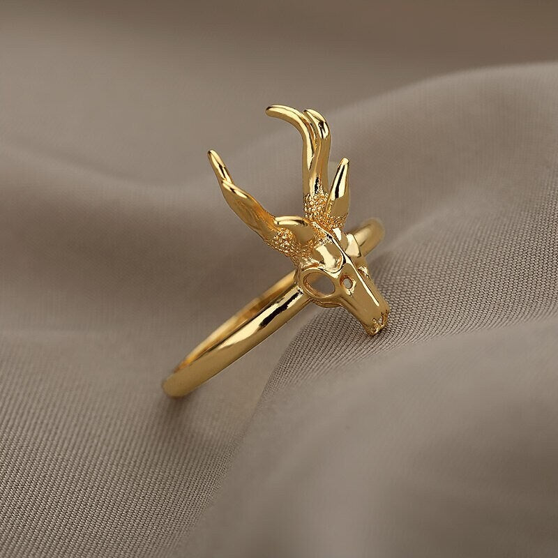 18K Gold Gothic Deer Antelope Skull Ring, Punk Skull Ring, Deer Skull Ring
