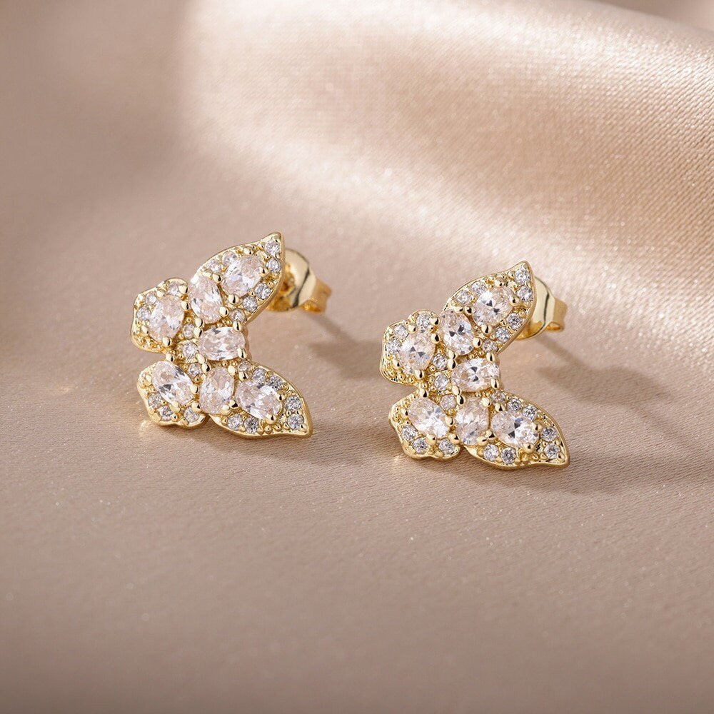 Crystal Butterfly Earrings, 18K Gold Butterfly Stud Earrings, Delicate Butterfly Earrings for Women, Gift for Her