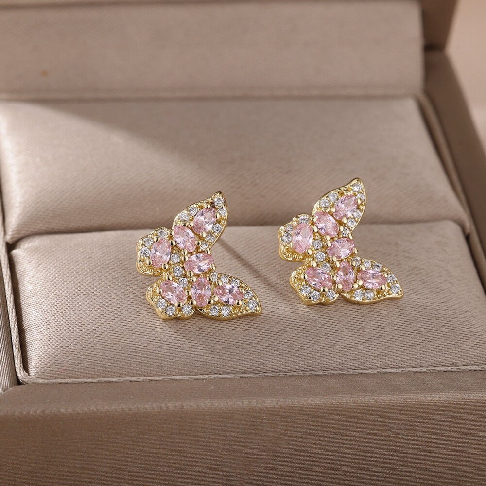 Crystal Butterfly Earrings, 18K Gold Butterfly Stud Earrings, Delicate Butterfly Earrings for Women, Gift for Her