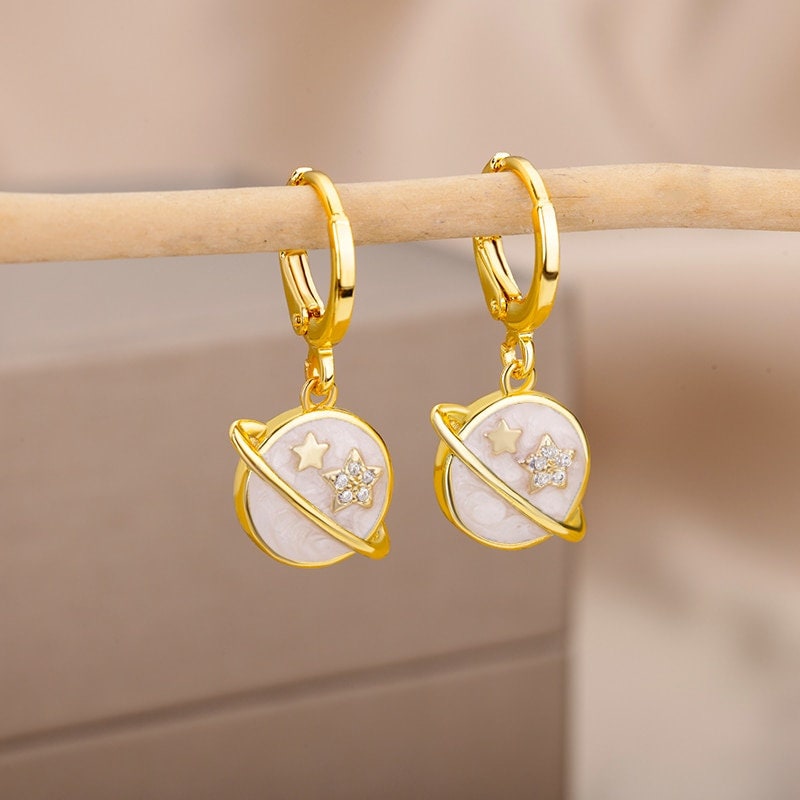 Enamel Planet Earrings, 18K Gold Planet Earrings, Celestial Earrings. Cosmic Earrings for Women, Gift for Her