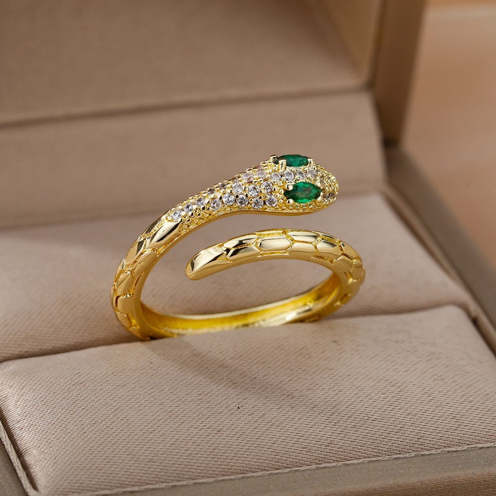 Punk Snake Crystal Wrap, 18K Gold Gothic Stackable Ring, Dainty Minimalist Jewelry, Delicate Handmade for Women, Gift for Her