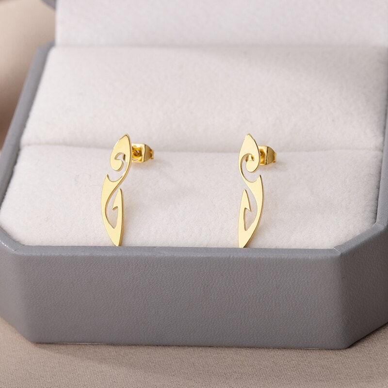 Tribal Drop Earrings, 18K Gold Tribal Style Earrings, Tribal Symbol Earrings for Women, Gift for Her