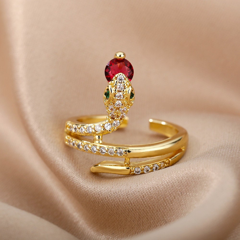 Punk Crystal Snake , 18K Gold Gothic Stackable Ring, Dainty Minimalist Jewelry, Delicate Handmade for Women, Gift for Her