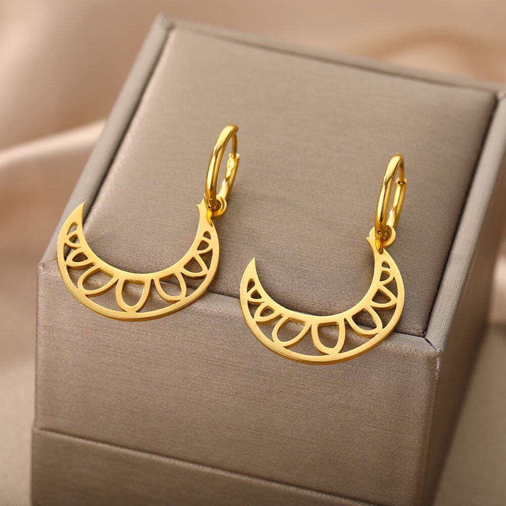 Moon Drop Earrings, 18K Gold Moon Hoop Earrings, Celestial Earrings for Women, Gift for Her