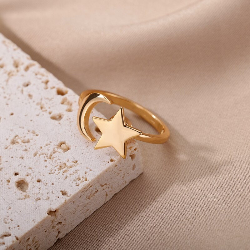 Boho Star Moon Celestial, 18K Gold Yogi Stackable Ring, Dainty Minimalist Jewelry, Delicate Handmade for Women, Gift for Her