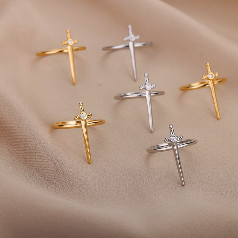 Punk Sword Charm Dagger, 18K Gold Gothic Stackable Ring, Dainty