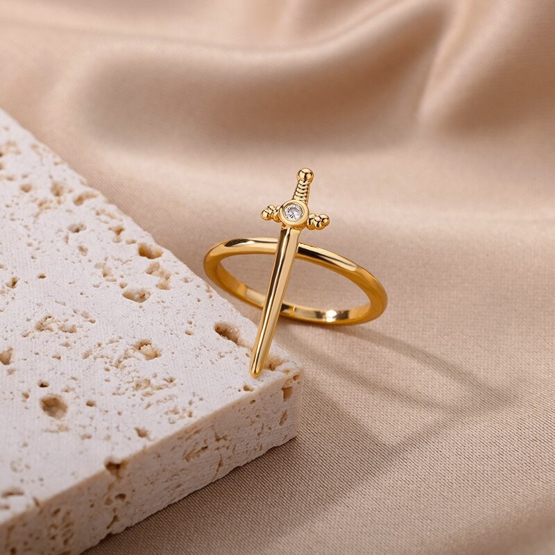 Punk Sword Charm Dagger, 18K Gold Gothic Stackable Ring, Dainty