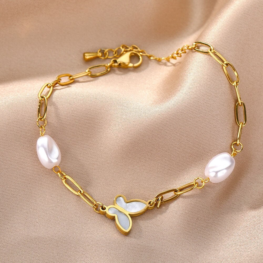 18K Gold Pearl Bracelet, Opal Bracelet, Butterfly Opal Bracelet