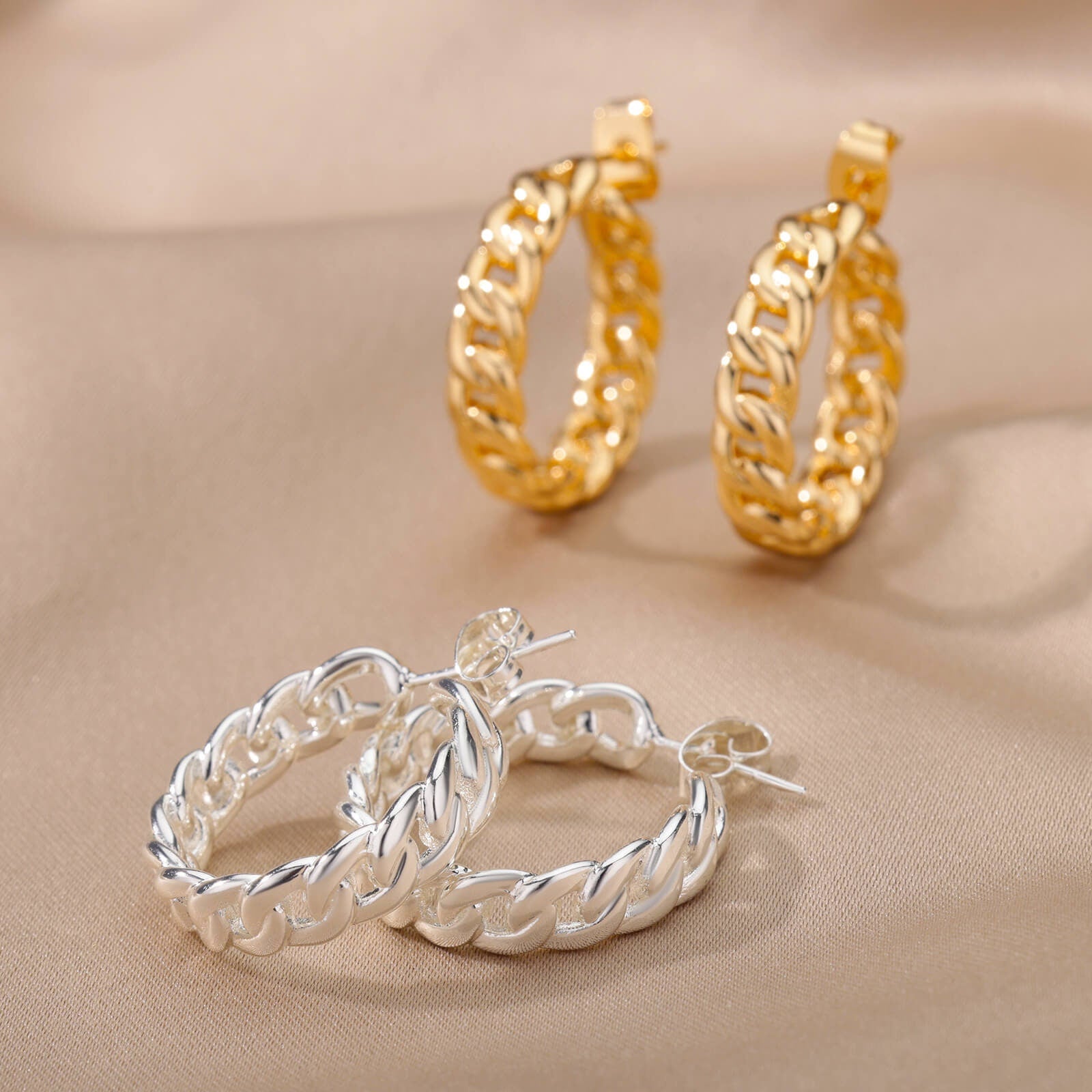 Punk Cuban Link Hoops, 18K Gold Everyday Earrings, Gothic Dainty Minimalist Jewelry, Delicate Handmade for Women, Gift for Her
